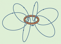The magnetic field lines created by a loop of current carrying wire.